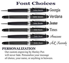 Load image into Gallery viewer, Personalized Pens Gift Set - 2 Pack of Metal Pens w/gift box - Luxury Rollerball & Ballpoint Pens | Blue and Black Ink Refills Included | Custom Engraved w/Name or Message (Black w/Silver Trim)