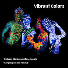 Load image into Gallery viewer, neon nights 8 x UV Body Paint Set | Black Light Glow Makeup Kit | Fluorescent Face Paints for Halloween Blacklight Bodypainting