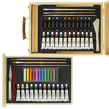 Load image into Gallery viewer, US Art Supply 62-Piece Wood Box Easel Painting Set- Box Easel, Acrylic & Oil Paint Colors, Artist Pastels, Painting Brushes, Wood Palette, Palette Knife, Pencil, Oil Pastels, Canvas Panels, Sketch Pad