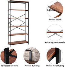 Load image into Gallery viewer, 5 Tier Industrial Bookshelf, Vintage Standing Storage Shelf, Display Shelving Units, Tall Bookcase, Industrial Metal Book Shelves for Living Room Bedroom and Home Office