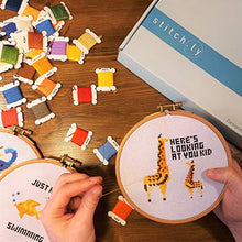 Load image into Gallery viewer, Stitch.ly Cross Stitch Kits Beginner. 5 Cross Stitch Patterns. Anxiety Relief. Designed in Ireland. 3 Embroidery Hoops. Instruction Guide Included