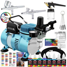 Load image into Gallery viewer, Master Airbrush Cool Runner II Dual Fan Air Compressor Professional Airbrushing System Kit with 3 Airbrushes, Gravity and Siphon Feed - 6 Primary Opaque Colors Acrylic Paint Artist Set - How to Guide