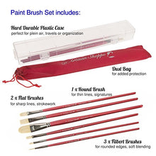 Load image into Gallery viewer, D'Artisan Shoppe Oil Acrylic Paint Brushes Set. 100% Natural Chungking Hog Hair Bristle in Portable Organizer Plastic Container. 6pc Filbert Flat and Round Paintbrush Gift Kit.