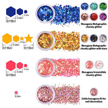 Load image into Gallery viewer, Warmfits Holographic Chunky Glitter 12 Colors Total 120g Face Body Eye Hair Nail Festival Chunky Holographic Glitter Different Size, Stars and Hexagons Shaped (Set A)