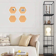 Load image into Gallery viewer, 4 Packs Cork Boards Hexagon Shape with White Framed Bulletin Board Modern Decorative Cork Boards for School, Home,Office(Set Including 40 Push Pins,Hardware and Template)