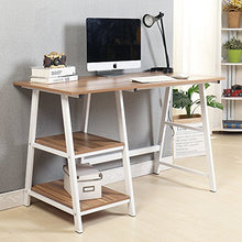Load image into Gallery viewer, Soges Computer Desk Trestle Desk Writing Home Office Desk Hutch Workstation with Shelf Storage Desk, Oak 47 inches CS-Tplus-120OK