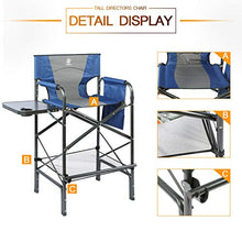 Load image into Gallery viewer, EVER ADVANCED Tall Directors Chair Foldable Makeup Artist Chair Bar Height with Side Table Cup Holder and Storage Bag Footrest, Supports 350LBS (Blue/Grey)