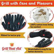 Load image into Gallery viewer, Grill Heat Aid BBQ Gloves Heat Resistant 1,472℉ Extreme. Dexterity in Kitchen to Handle Cooking Hot Food in Oven, Cast Iron, Pizza, Baking, Barbecue, Smoker & Camping. Fireproof Use for Men & Women