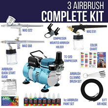 Load image into Gallery viewer, Master Airbrush Professional Cool Runner II Dual Fan Air Compressor Airbrushing System Kit with 6 Primary Opaque Colors Acrylic Paint Artist Set, 3 Airbrushes, Gravity and Siphon Feed - How to Guide