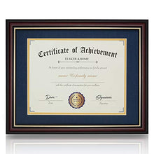 Load image into Gallery viewer, ELSKER&HOME 8.5×11 Document Frame - Matte Reddish Brown Wood Color Frame - Made for Certificates Sized 8.5x11 Inch with Mat and 11x14 Inch Without Mat (Double Mat, Navy with Golden Rim)