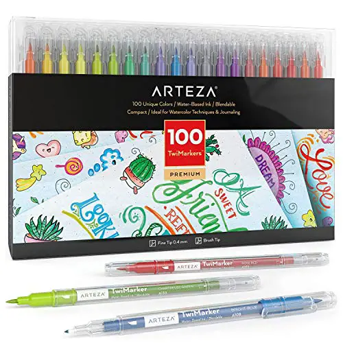 Arteza Dual Tip Sketch TwiMarkers, Set of 100 Colors, Markers with Fine & Brush Tips, Pens for Coloring, Calligraphy, Sketching, Doodling, Art Supplies for Drawing, Journaling, Hand Lettering