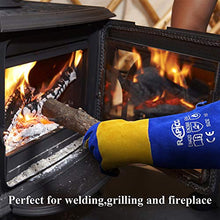 Load image into Gallery viewer, RAPICCA 16 Inches,932℉, Leather Forge/Mig/Stick Welding Gloves Heat/Fire Resistant, Mitts for Oven/Grill/Fireplace/Furnace/Stove/Pot Holder/Tig Welder/Mig/BBQ/Animal handling glove with 16 inches Extra Long Sleeve– Blue