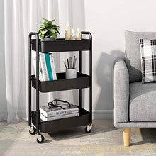 Load image into Gallery viewer, CAXXA 3-Tier Rolling Metal Storage Organizer - Mobile Utility Cart, Kitchen Cart with Caster Wheels (Black)