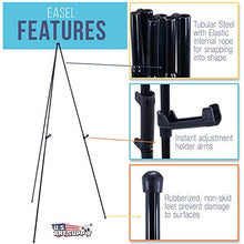 Load image into Gallery viewer, U.S. Art Supply 63" High Steel Easy Folding Display Easel - Quick Set-Up, Instantly Collapses, Adjustable Height Display Holders - Portable Tripod Stand, Presentations, Signs, Posters, Holds 5 lbs
