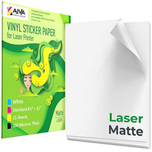 Load image into Gallery viewer, Printable Vinyl Sticker Paper for Laser Printer - Matte White - 15 Self-Adhesive Sheets - Waterproof Decal Paper - Standard Letter Size 8.5"x11"
