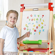 Load image into Gallery viewer, Joyooss Kids Wooden Easel with Extra Letters and Numbers Magnets, Adjustable Double Sided Drawing Board Whiteboard & Chalkboard Dry Easel Board, Children Art Easel for Boys Girls Painting Drawing