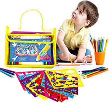 Load image into Gallery viewer, Ozziko Stencils for Kids - Arts and Crafts Kit w/ Number, Dinosaur, Animal, Alphabet Letter Stencils - Bonus Stencil Carrying Case Included to Hold Art Supplies