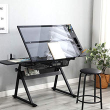 Load image into Gallery viewer, Glass Drafting Table, Height Adjustable Drawing Desk with Stool, Tiltable Desk Art Table, Tempered Glass Top Painting Desk, Writing Table with 2 Drawers, Stationery Storage for Artist Adults Kids