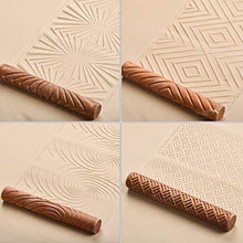 Load image into Gallery viewer, OwnMy Set of 10 Clay Modeling Pattern Rollers Kit, Dragon Phoenix Propitious Clouds 3D Geometry Cookie Radial Rays Prismatic Wood Wave Pattern Clay Rolling Pin Textured Wooden Handle Pottery Tools Set