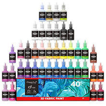 Load image into Gallery viewer, 3D Fabric Paint, Magicfly 40 Colors Permanent Textile Paint with 3 Brushes and Stencils, Permanent Fabric Paint with Fluorescent, Glow in The Dark, Glitter, Metallic Colors for Clothing, T-Shirt, Glas