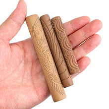 Load image into Gallery viewer, OwnMy Set of 10 Clay Modeling Pattern Rollers Kit, Dragon Phoenix Propitious Clouds 3D Geometry Cookie Radial Rays Prismatic Wood Wave Pattern Clay Rolling Pin Textured Wooden Handle Pottery Tools Set