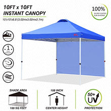 Load image into Gallery viewer, MASTERCANOPY Patio Pop Up Instant Shelter Beach Canopy with 1 Side Wall, Better Air Circulation Outdoor Canopy with Wheeled Carry Bag and 4 Sand Bags(10'x10',Blue)