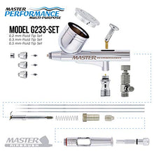 Load image into Gallery viewer, Master Airbrush Master Performance G233 Pro Set with 3 Nozzle Sets (0.2, 0.3 & 0.5mm Needles, Fluid Tips and Air Caps) and Air Hose - Dual-Action Gravity Feed Airbrush with 1/3 oz Cup, Cutaway Handle