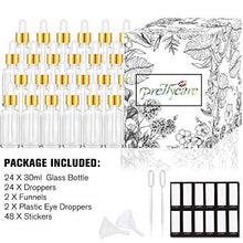 Load image into Gallery viewer, PrettyCare Eye Dropper Bottle 1 oz (24 Pack Clear Glass Bottles 30ml with Golden Caps, 2 Extra Measured Pipettes, 48 Labels, 2 Funnels ) Empty Tincture Bottles for Essential Oils, Perfume