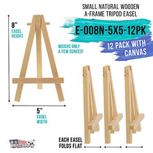 Load image into Gallery viewer, U.S. Art Supply 5" x 5" Stretched Canvas with 8" Mini Natural Wood Display Easel Kit (Pack of 12), Artist Tripod Tabletop Holder Stand - Painting Party, Kids Crafts, Oil Acrylic Paints, Signs, Photos
