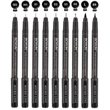 Load image into Gallery viewer, Professional Black Fineliner Pens, Ink Drawing Pens - Set of 9 Waterproof Micro-line Pen for Manga, Outline, Illustration, Drafting, Sketching, Hand Lettering