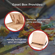Load image into Gallery viewer, Academy Art Supply Tabletop Easel Set with Easel Box, 12 Acrylic Paint Tubes, 3 Canvas Panels (9" x 12"), 5 Paintbrushes, Wooden Palette, and Plastic Paint Palette (23 Piece Kit)