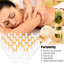 Load image into Gallery viewer, PrettyCare Eye Dropper Bottle 1 oz (24 Pack Clear Glass Bottles 30ml with Golden Caps, 2 Extra Measured Pipettes, 48 Labels, 2 Funnels ) Empty Tincture Bottles for Essential Oils, Perfume