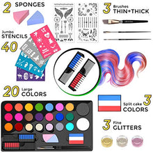 Load image into Gallery viewer, Face Paint Kit for Kids - 20 Water Based, Quick Dry, Non-Toxic Sensitive Skin Paints, 3 Glitters, 2 Temporary Hair chalks Combs, 3 Paint Brushes, 40 Stencils, 2 Tattoos Sheets, Face Painting Book