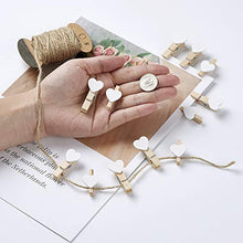 Load image into Gallery viewer, Pandahall 100pcs White Heart Clothespins Wooden Photo Paper Peg Pin Graft Clips with 10.9 Yards Natural Jute Twine for Paper Photo Display Hanging Home Party Decoration