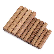 Load image into Gallery viewer, OwnMy Set of 10 Clay Modeling Pattern Rollers Kit, Dragon Phoenix Propitious Clouds 3D Geometry Cookie Radial Rays Prismatic Wood Wave Pattern Clay Rolling Pin Textured Wooden Handle Pottery Tools Set