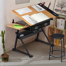 Load image into Gallery viewer, YAHEETECH Height Adjustable Drafting Draft Drawing Table Artist Desk Tilted Tabletop Art Desk Diamond Watercolor Paintings Sketching Work Station w/2 Storage Drawers and Stool for Home Office