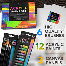 Load image into Gallery viewer, Acrylic Paint Set for Kids, Artists and Adults - 12 Vibrant Colors, 6 Brushes and 3 Paint Canvases - Perfect for Beginners or Professionals