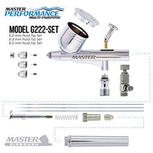 Load image into Gallery viewer, Master Performance G222 Pro Set Master Airbrush with 3 Nozzle Sets (0.2, 0.3 & 0.5mm Needles, Fluid Tips and Air Caps) - Dual-Action Gravity Feed Airbrush with 1/3 oz. Cup - Spray Auto Art Hobby Cake