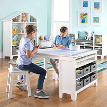 Load image into Gallery viewer, MARTHA STEWART Living and Learning Kids' Art Table and Stool Set (White) - Wooden Drawing and Painting Desk with Paper Roller, Paint Cups and Removable Craft Supplies Storage Bins