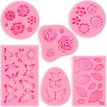 Load image into Gallery viewer, 6 Pack Fondant Molds, Mini Flower Mold Butterfly Molds Leaf Mold, Rose Clay Molds Pink Polymer Clay Molds, Non-stick Silicone Molds for Cake Decorating - Butterfly/Rose/Leaves