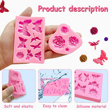 Load image into Gallery viewer, 6 Pack Fondant Molds, Mini Flower Mold Butterfly Molds Leaf Mold, Rose Clay Molds Pink Polymer Clay Molds, Non-stick Silicone Molds for Cake Decorating - Butterfly/Rose/Leaves