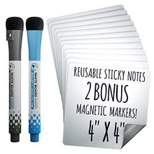 Load image into Gallery viewer, 4"x4" - 12 Pack Reusable Sticky Notes for Home, Office, Classroom and Hospitals - Dry Erase Sticker Labels - Easy to Write and Erase Technology - 2 Magnetic Whiteboard Markers with Erasers