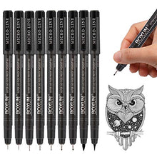 Load image into Gallery viewer, Professional Black Fineliner Pens, Ink Drawing Pens - Set of 9 Waterproof Micro-line Pen for Manga, Outline, Illustration, Drafting, Sketching, Hand Lettering