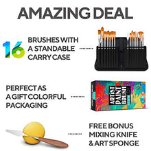 Load image into Gallery viewer, BENICCI Paint Brush Set of 16 – 15 Different Shapes + 1 Flat Brush – with Pallete Knife and Sponge – Nylon Hair and Ergonomic Non Slip Matte Silver Handles - with Standable Organizing Case