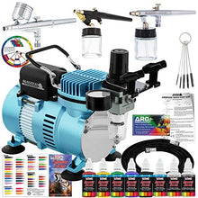 Load image into Gallery viewer, Master Airbrush Professional Cool Runner II Dual Fan Air Compressor Airbrushing System Kit with 6 Primary Opaque Colors Acrylic Paint Artist Set, 3 Airbrushes, Gravity and Siphon Feed - How to Guide