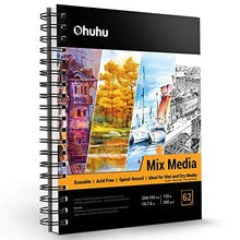 Load image into Gallery viewer, Mix Media Pad, Ohuhu 10"×7.6" Mixed Media Art Sketchbook, 120 LB/200 GSM Heavyweight Papers 62 Sheets/124 Pages, Spiral Bound Mixed Media Paper Pad for Acrylic, Watercolor, Painting