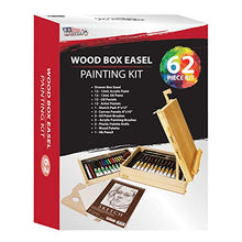 Load image into Gallery viewer, US Art Supply 62-Piece Wood Box Easel Painting Set- Box Easel, Acrylic & Oil Paint Colors, Artist Pastels, Painting Brushes, Wood Palette, Palette Knife, Pencil, Oil Pastels, Canvas Panels, Sketch Pad