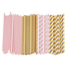 Load image into Gallery viewer, ALINK Biodegradable Paper Straws, 100 Pink Straws / Gold Straws for Party Supplies, Birthday, Wedding, Bridal / Baby Shower Decorations and Holiday Celebrations