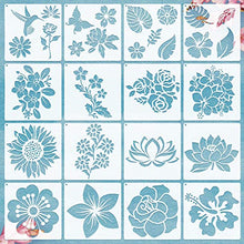 Load image into Gallery viewer, 16 Pieces Flower Stencil Rose Sunflower Stencil Spring Summer Stencil Template Bird Leaf Drawing Template Reusable Painting Stencil and Metal Open Ring for Painting on Wood Wall Decor (6.3 x 6.3 Inch)