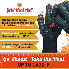Load image into Gallery viewer, Grill Heat Aid BBQ Gloves Heat Resistant 1,472℉ Extreme. Dexterity in Kitchen to Handle Cooking Hot Food in Oven, Cast Iron, Pizza, Baking, Barbecue, Smoker & Camping. Fireproof Use for Men & Women